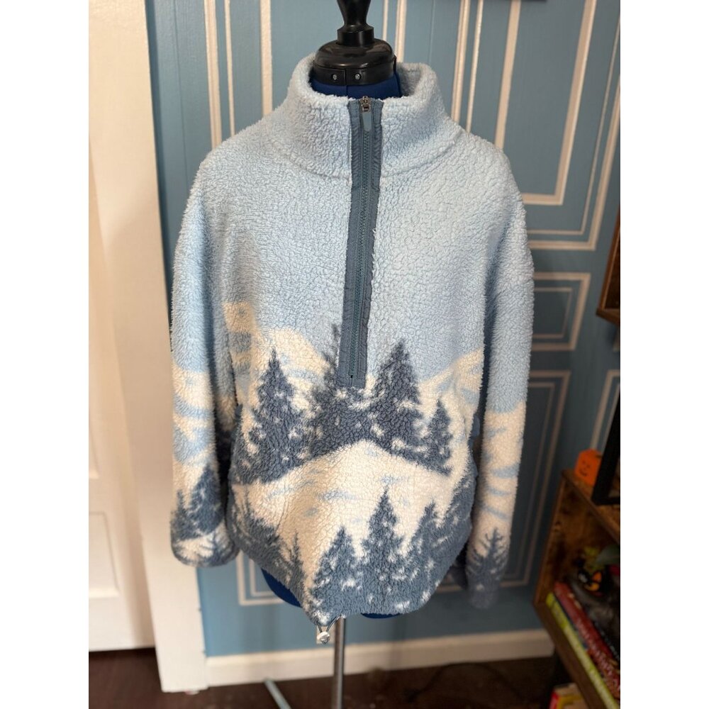 Cozy + Cute Sherpa Snowy Mountain Scene Quarter Zip Light Blue + White Pullover